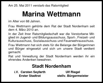 Traueranzeigen Von Marina Wettmann Nordwest Trauer De