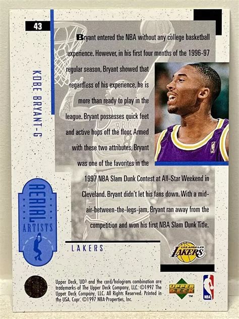 Kobe Bryant Rookie 1996 97 Upper Deck UD3 Aerial Artists 1996 43 HOF