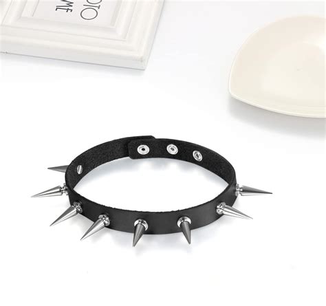 Flongo Gothic Black Rivet Leather Spiked Necklace Neckband