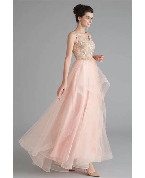 Sleeveless Long Pink Tulle Prom Dress With Lace Top EZG005 GemGrace