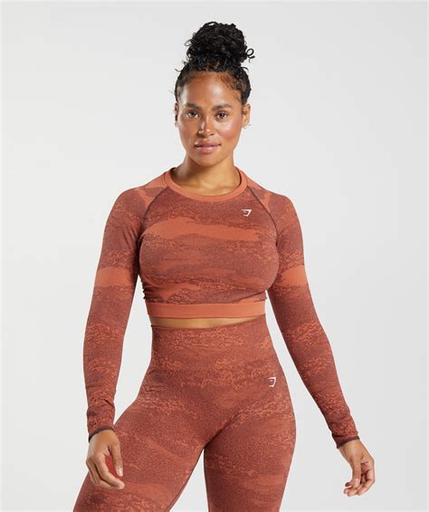 Gymshark Adapt Camo Seamless Lace Up Back Top Storm Redcherry Brown