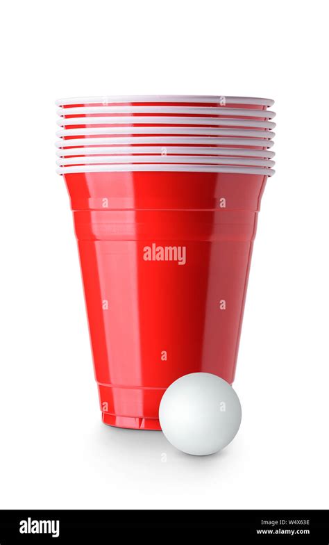 Beer Pong Red Plastic Cups And Ping Pong Ball Isolated On White