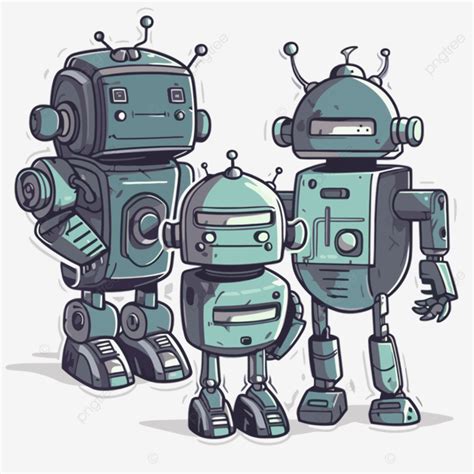 Three Cartoon Robots With Their Heads And Shoulders Together Vector