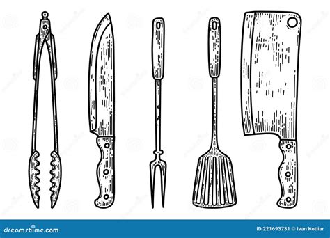 Conjunto De Ilustrações Dos Objetos De Cozinha E De Mesa Para Gravura