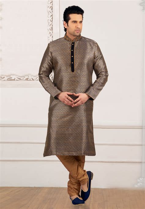 Golden Jacquard Readymade Kurta Pajama 154928