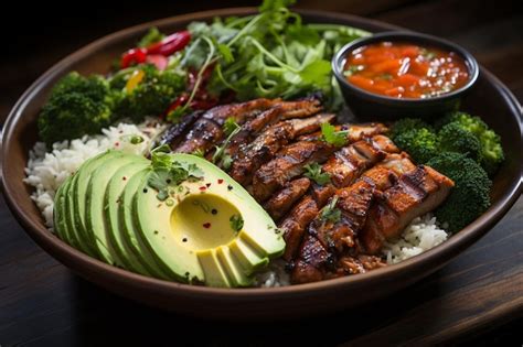 Premium Photo Colorful Buddha Bowl Highlighting Grilled Chicken And Rice