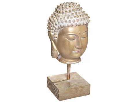 Objet décoratif Tête de Bouddha sur socle en résine dorée H 23 cm