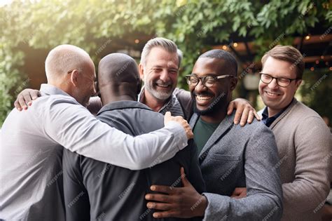 Premium Ai Image Supportive Diverse Male Friends Hugging Each Other