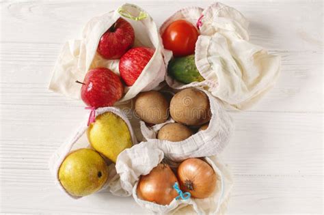 Zero Waste Food Shopping Eco Natural Bags With Fruits And Vegetables