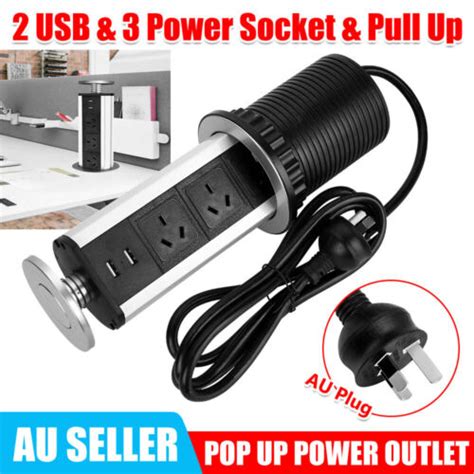 Pop Up Power Point Pull Socket Kitchen Desk Bench Worktop 2 USB 3 Plug