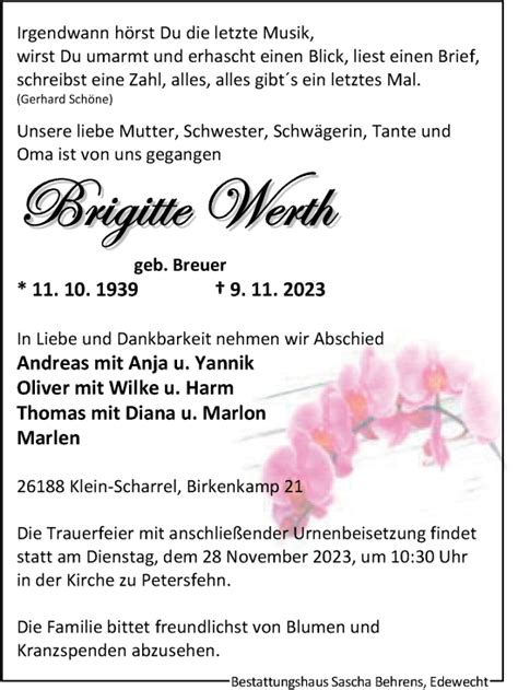 Traueranzeigen Von Brigitte Werth Nordwest Trauer De