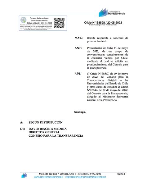 Oficio Nº E8598 Remite respuesta a solicitud de pronunciamiento