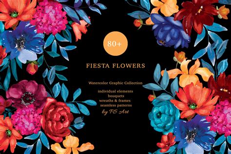 Watercolor Fiesta Flowers Clipart Set - Design Cuts