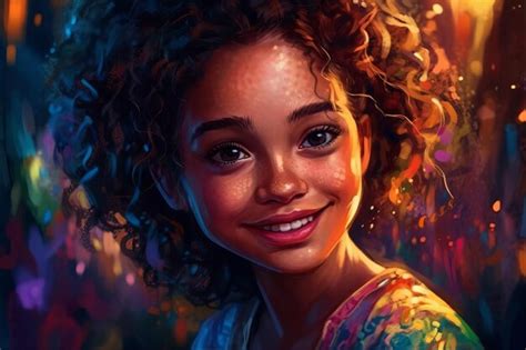 Premium Ai Image A Girl With Curly Hair And A Rainbow Of Colors