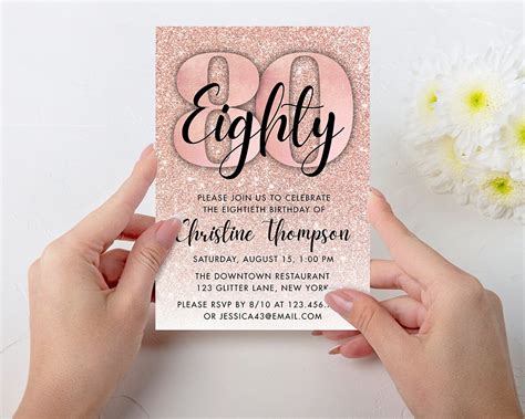 Rose Gold 80th Birthday Invitation Glitter Birthday Digital