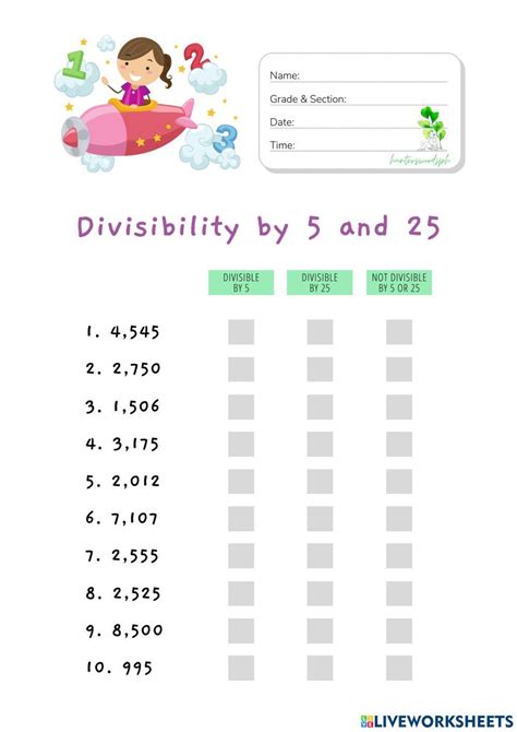 Divisibility By 5 And 25 Hunterswoodsph Math Worksheet Live Worksheets