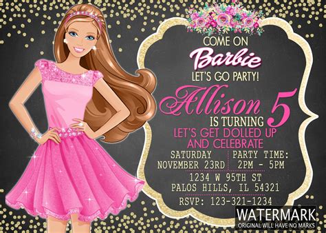 Brown Hair Barbie Chalkboard Card Barbie Chalkboard Invitation Etsy