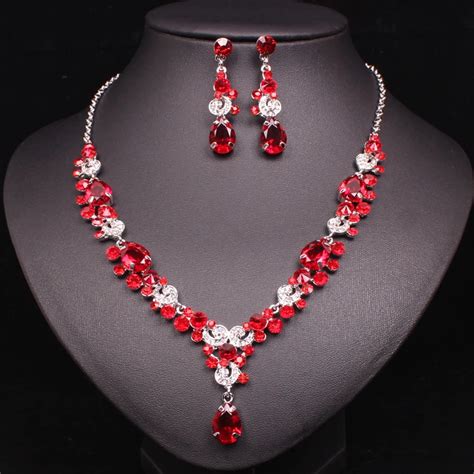 Fashion Red Crystal Necklace Earrings Set Luxury Bridal Wedding Party