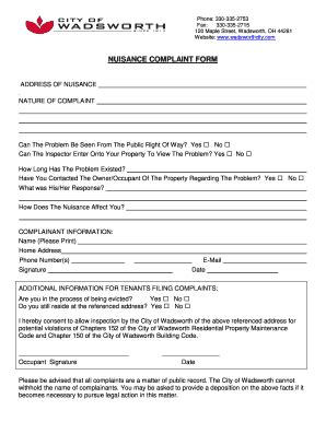 Fillable Online NUISANCE COMPLAINT FORM Wadsworth Fax Email Print