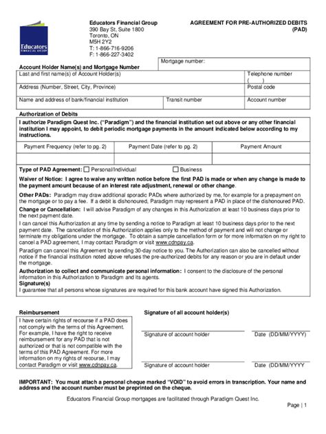 Fillable Online Agreement For Pre Authorized Debits Pad For Fax