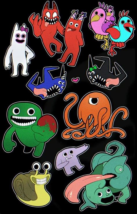 Various Cartoon Stickers On A Black Background With Different Colors