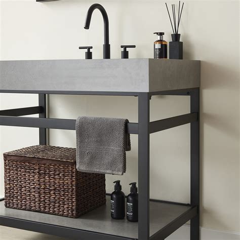 36 Single Sink Bath Vanity In Matt Black Metal Support With Grey