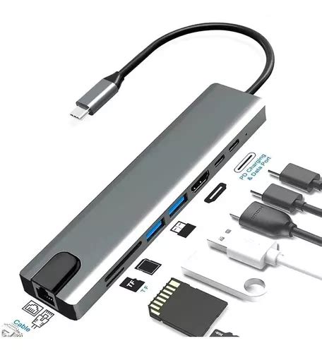 Hub Adaptador 8 En 1 Ethernet Rj45 Hdmi Usb A C Sd Mac Pc Envío Gratis