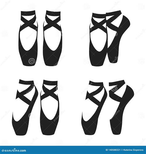 Vector Black Silhouette Set Of Ballet Shoes In Classic Positions