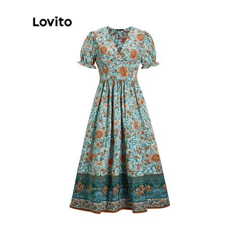 Lovito Boho Paisley Wrap Ruffle Puff Sleeve Position Printing Dress For