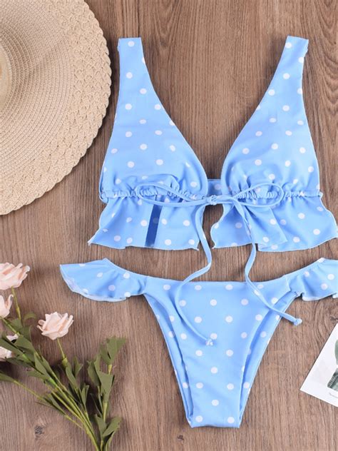 Blue Ruffle Trim Bikini Top And High Waist Bottom Choies