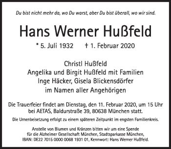 Traueranzeigen Von Hans Werner Hu Feld Sz Gedenken De