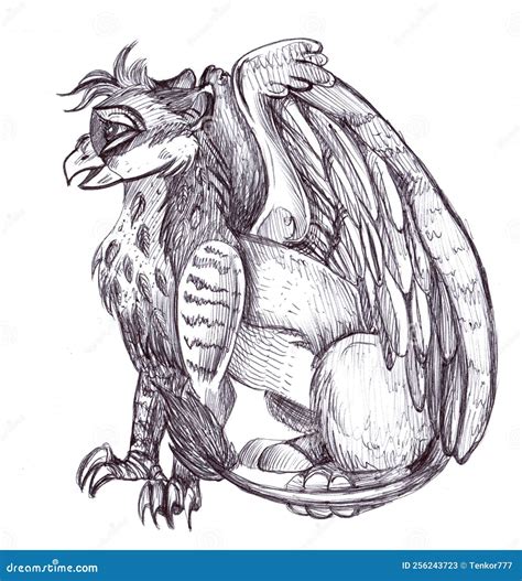 Hand Drawn Illustration Gryphon In Cartoon Style Monochrome Stock