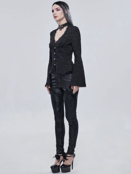 Devil Fashion Black Gothic Punk Leather Lace Applique Long Slim Pants