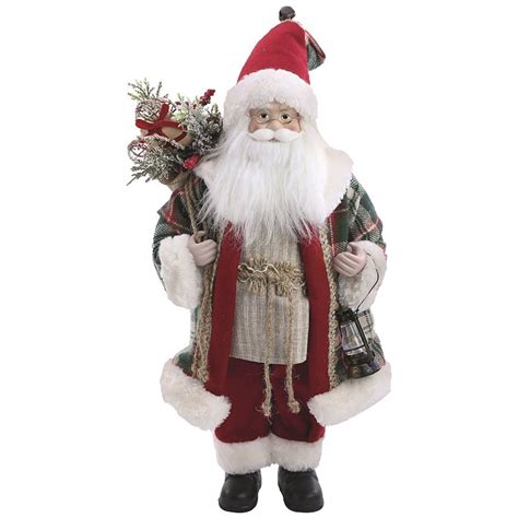 Boneco Papai Noel em Pé Casaco Xadrez e Saco de Presentes 52cm