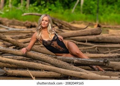Gorgeous Blonde Lingerie Model Enjoys Spring Stock Photo
