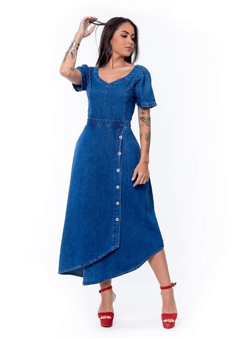 Vestido Jeans Midi Manga Sem Elastano Barra Diferenciada Restrito