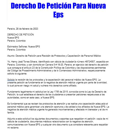 Derecho De Peticion Para Nueva Eps TramitaloYa Co