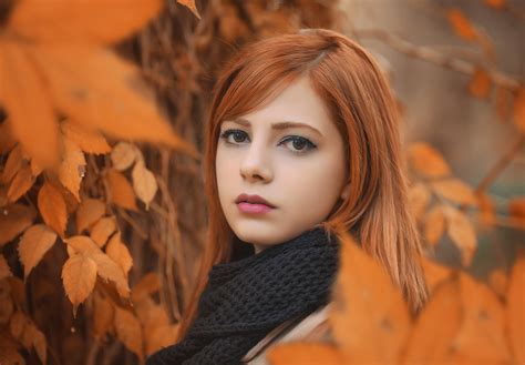 Scarf Portrait Depth Of Field Women Outdoors Redhead Women Leaves Face Hd Wallpaper