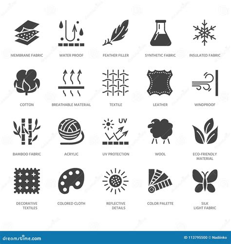 Caractéristique De Tissu Icônes Plates De Glyph De Vecteur Matériel De Vêtements Symboles De