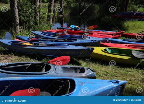 Row Of Colorful Kayaks And Canoes Are Lined Up On A Lake Shore