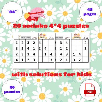 20 Soduko 4*4 Puzzles with solutions for kids by Elhadj Oumaya | TPT