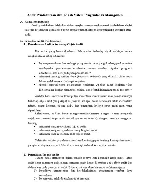 Pdf Audit Pendahuluan Dan Telaah Sistem Pengendalian Manajemen