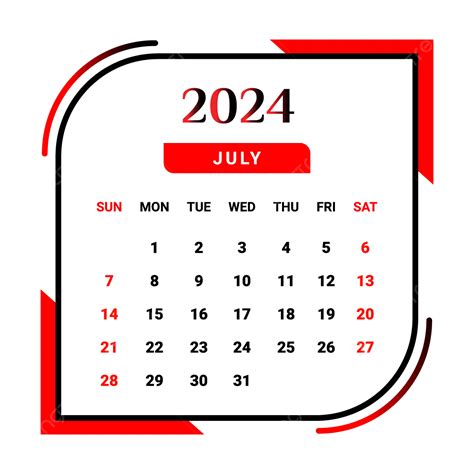 Kalender Bulan Juli 2024 Dengan Warna Merah Dan Hitam Vektor Kalender