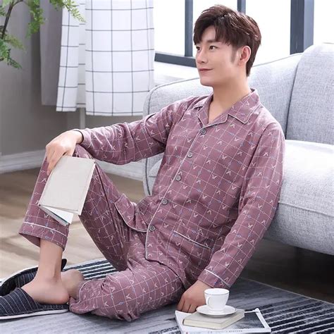 Striped Cotton Mens Long Sleeve Pyjamas Set Spring Turn Down Blue Male Nightwear Pants Pajama