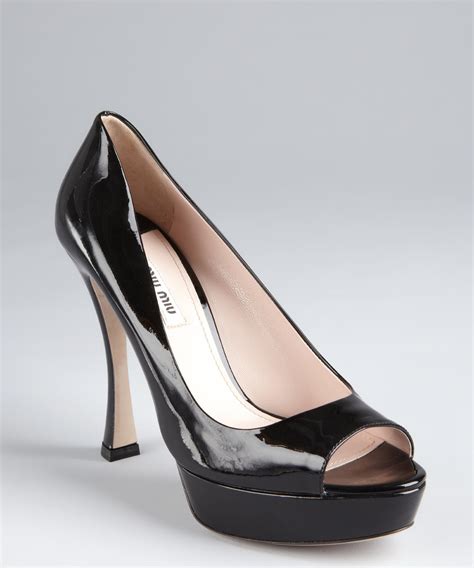 Miu Miu Black Patent Leather Open Toe Flared Heel Pumps Heels Pumps