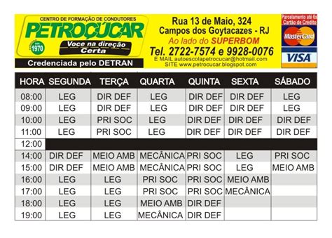 AUTO ESCOLA PETROÇÚCAR TABELA DE AULAS