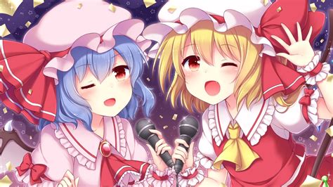 2girls Blonde Hair Blue Hair Blush Bow Fang Flandre Scarlet Loli