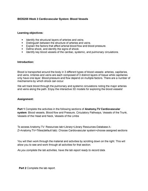 Bios Week Lab Lab Report On The Cardiovascular System And Blood