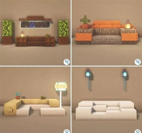 Four Different Views Of A Living Room With Couches Tables And Lampposts