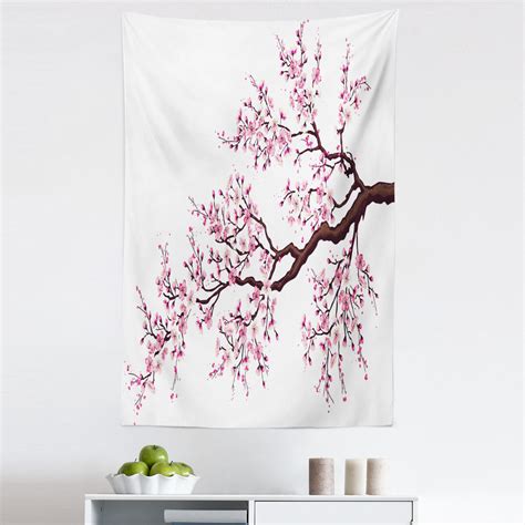 Japanese Tapestry Branch Of A Flourishing Sakura Tree Flowers Cherry Blossoms Spring Theme Art